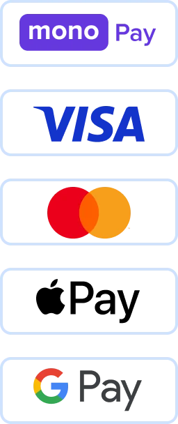 Приймаємо оплату: mono Pay, Visa, Mastercard, Apple Pay, Google Pay